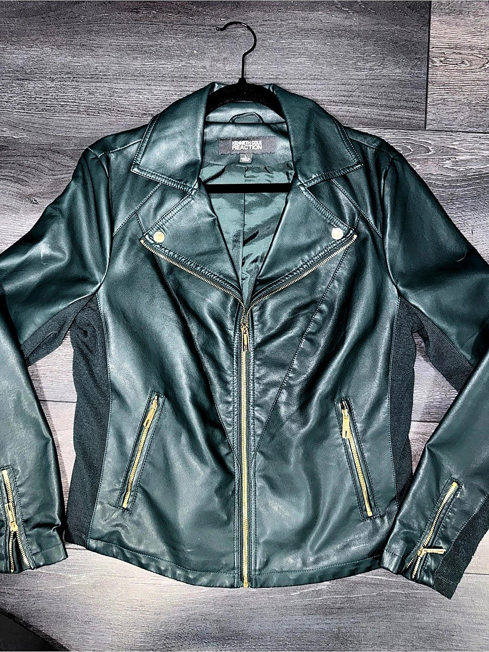 Kenneth Cole Reaction Green Faux Leather Moto Jacket Size L